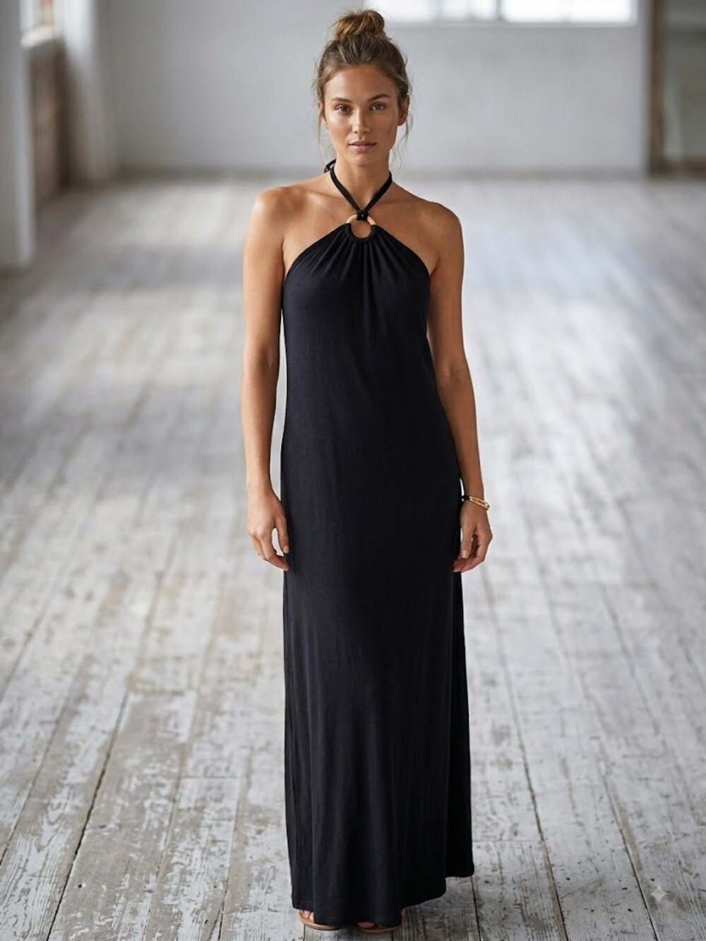 Old Navy Black Halter Neck Maxi Dress with Wooden Ring Detail